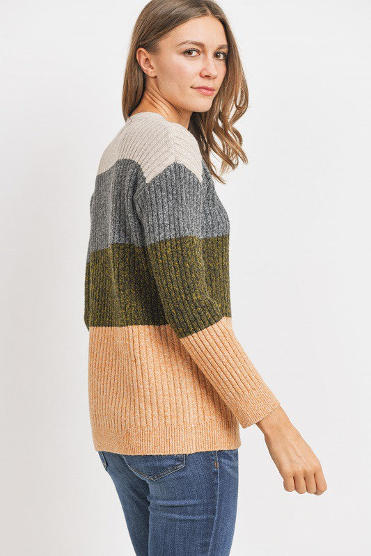 Color Block Stripe Knit Ribbed Sweater Top