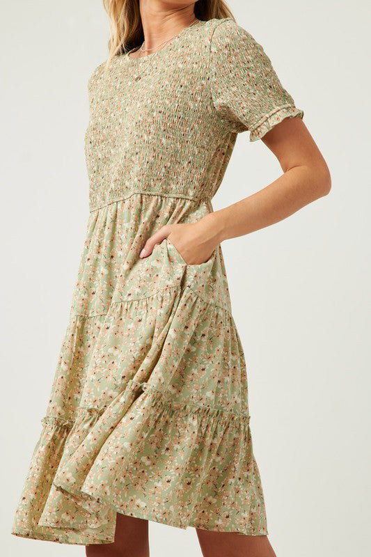 Womens Floral Smocked Tiered Skirt Dress