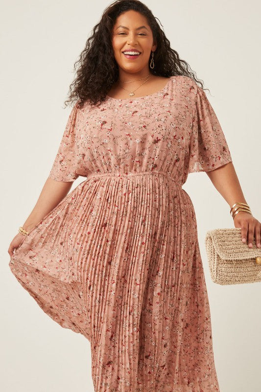 Pleated Floral Midi Dress - Uptown Boutique
