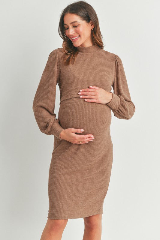 The Aurora| Puff Sleeve Ribbed Maternity Nursing Dress