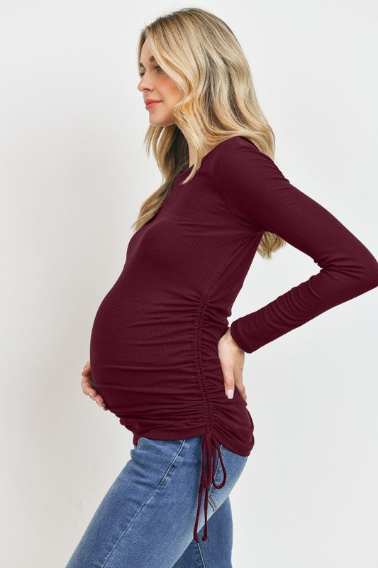 Long Sleeve Adjustable Drawstring Ribbed Maternity Shirt