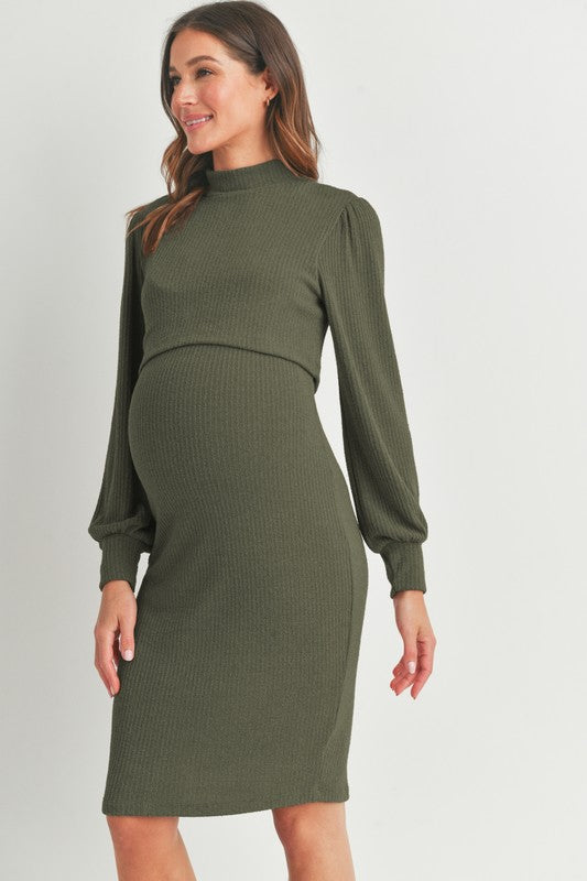 The Aurora| Puff Sleeve Ribbed Maternity Nursing Dress
