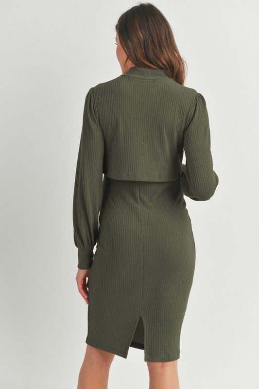 The Aurora| Puff Sleeve Ribbed Maternity Nursing Dress