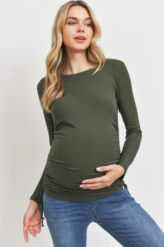 Long Sleeve Adjustable Drawstring Ribbed Maternity Shirt