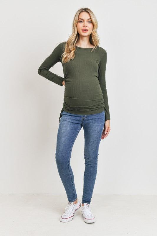 Long Sleeve Adjustable Drawstring Ribbed Maternity Shirt