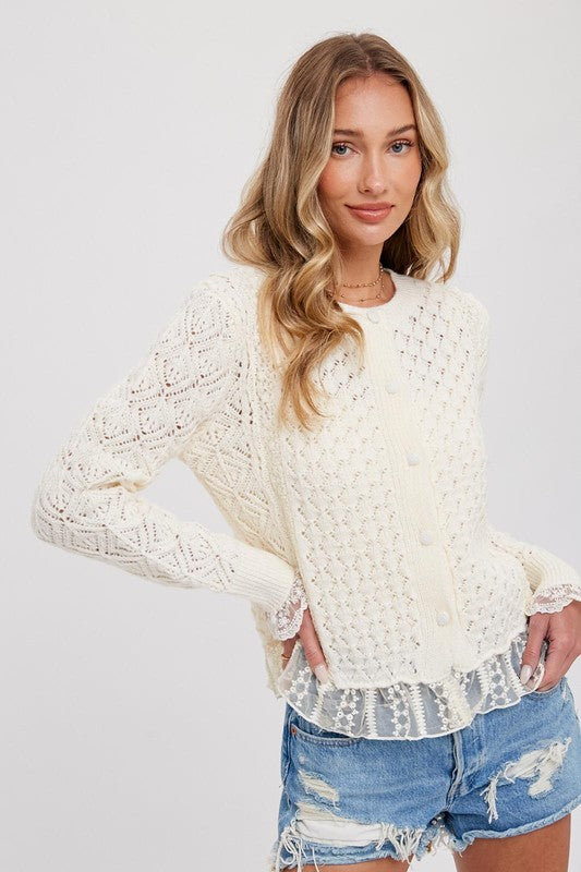Button Up Lace Trim Sweater