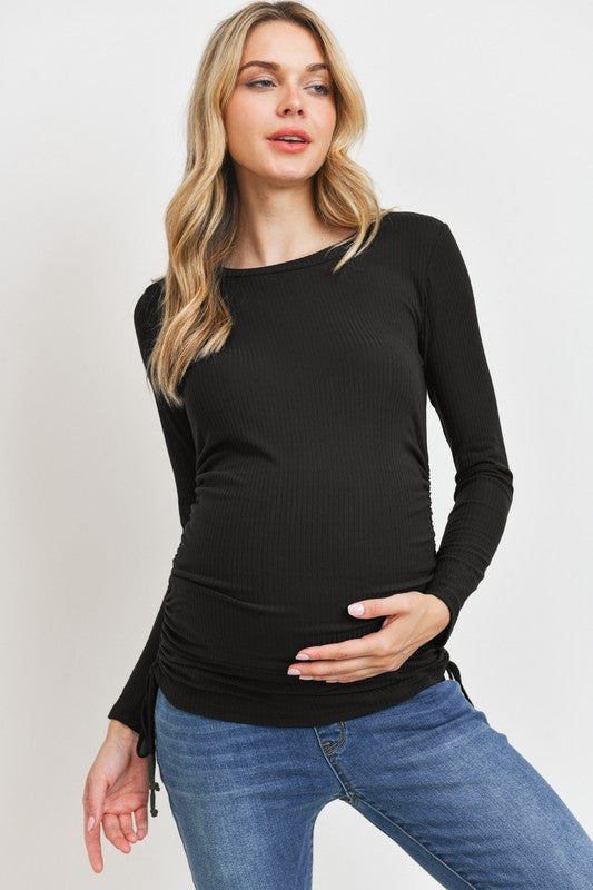 Long Sleeve Adjustable Drawstring Ribbed Maternity Shirt