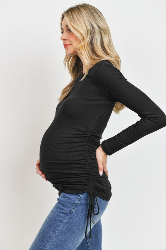 Long Sleeve Adjustable Drawstring Ribbed Maternity Shirt