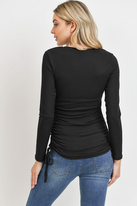 Long Sleeve Adjustable Drawstring Ribbed Maternity Shirt