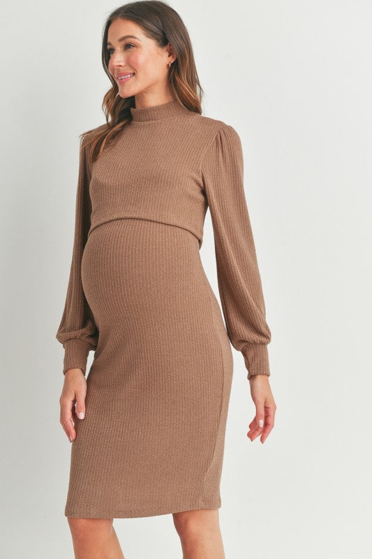 The Aurora| Puff Sleeve Ribbed Maternity Nursing Dress