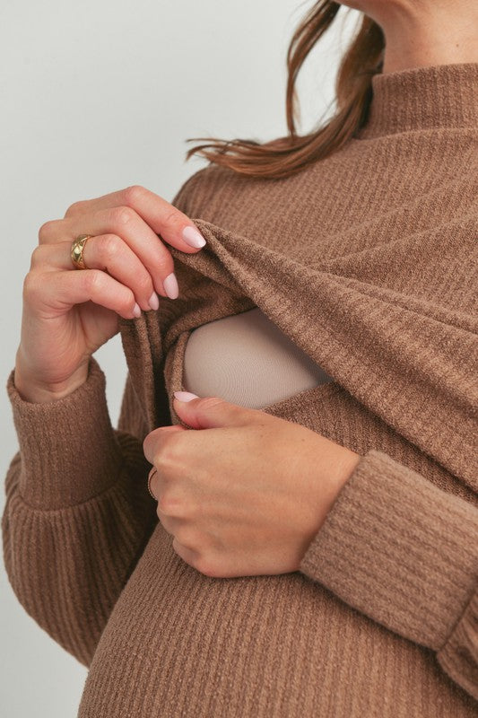 The Aurora| Puff Sleeve Ribbed Maternity Nursing Dress