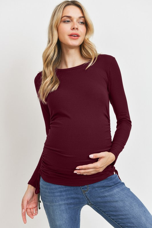 Long Sleeve Adjustable Drawstring Ribbed Maternity Shirt