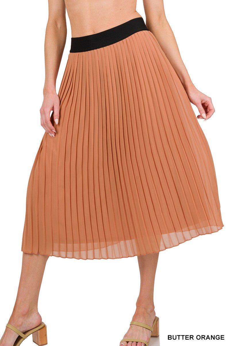 Woven Chiffon High Waist Pleated Midi Skirt