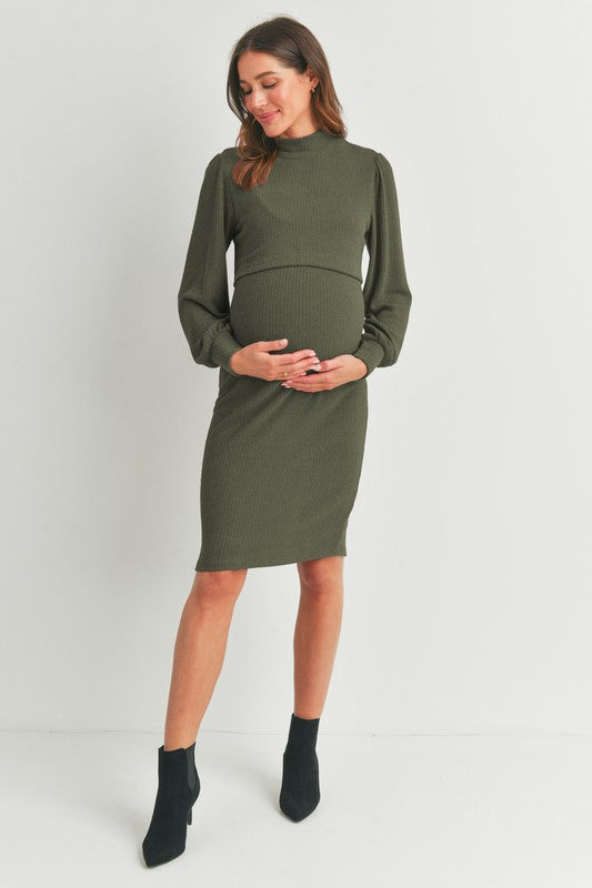 The Aurora| Puff Sleeve Ribbed Maternity Nursing Dress